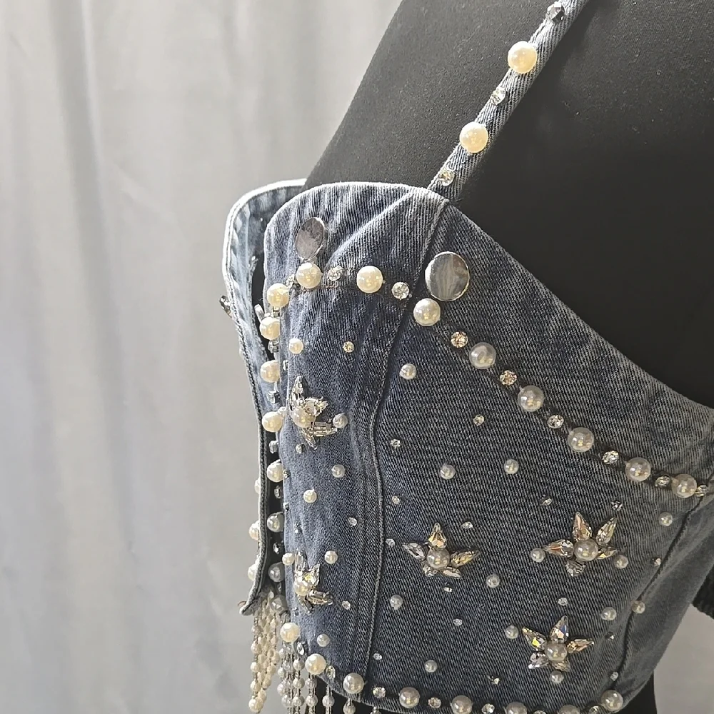 La'Rose Embellished Crystals Stones  Pearls Denim Crop Top Size Large - Picture 5 of 11